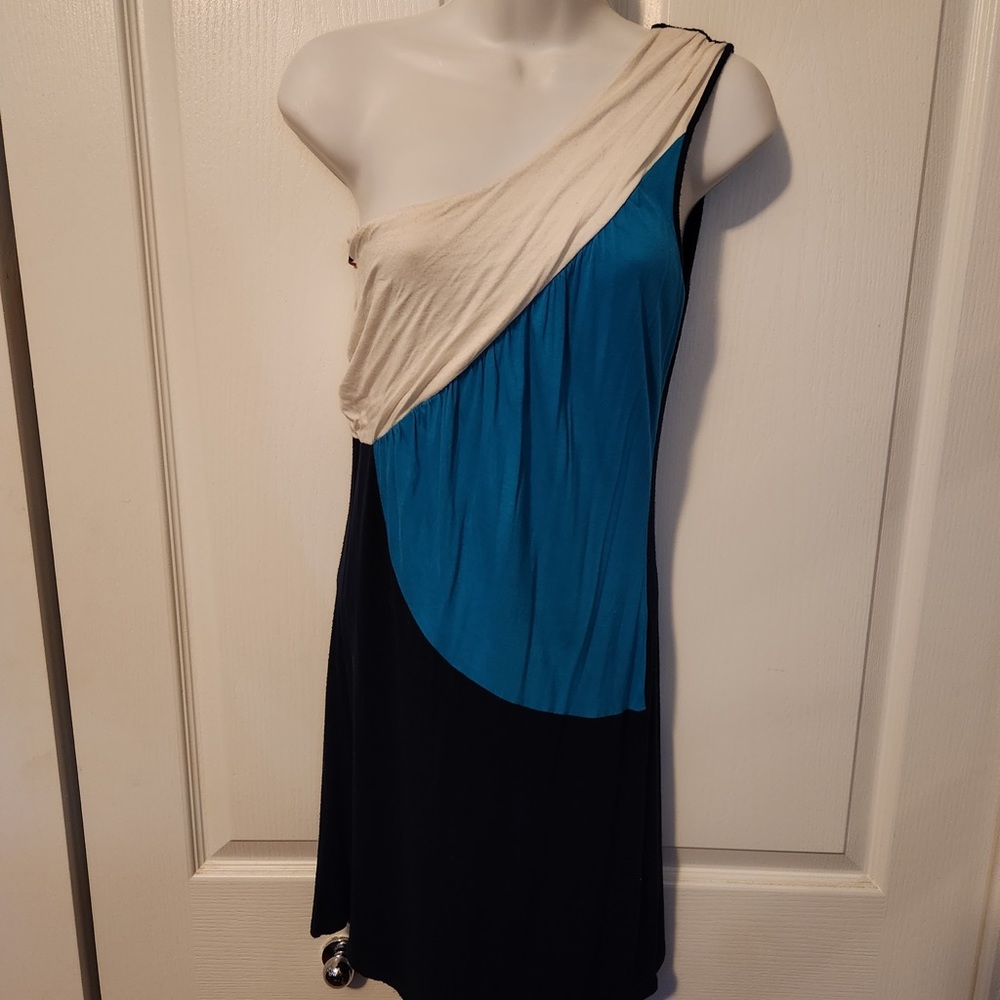 One shoulder blue and white mini dress size M